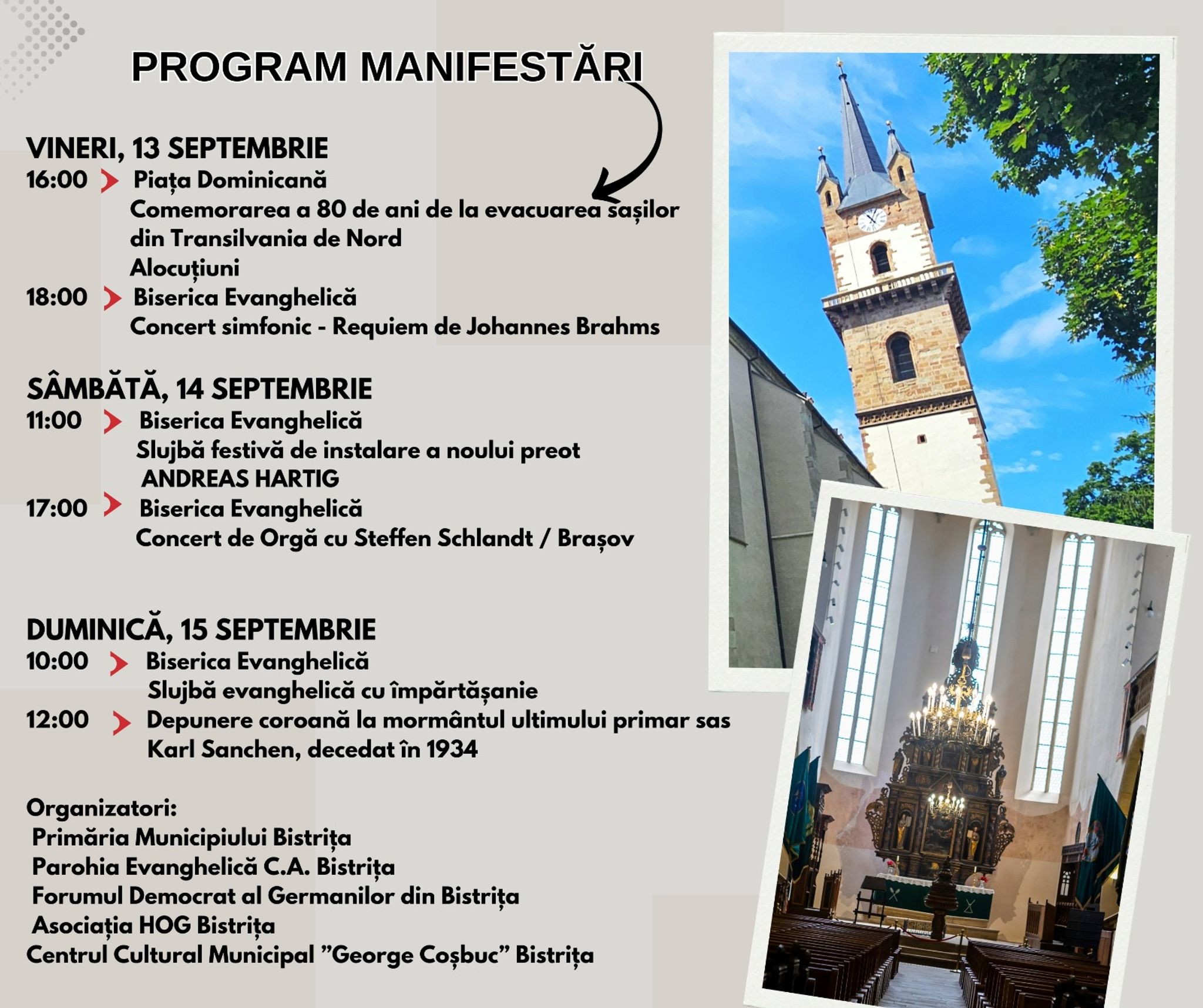 Concerte extraordinare, slujbe religioase și comemorări, la Biserica Evanghelică